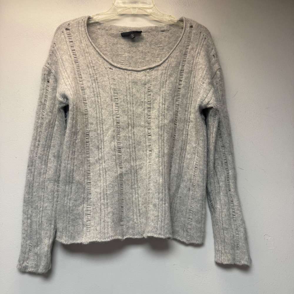Nili Lotan Sweater Womens L Gray Excellent 100% Cashmere Pointelle Ribbed Knit